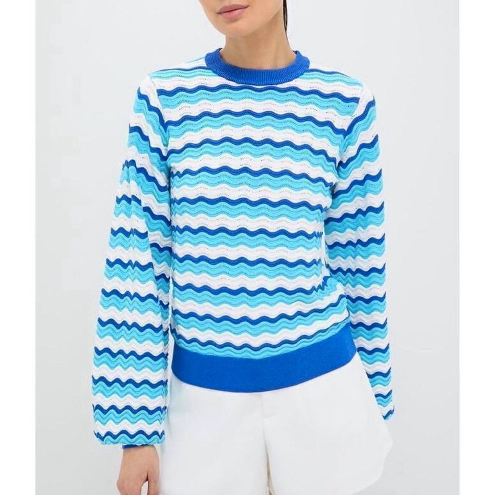 Tuckernuck Hyacinth House Aqua Wavy Stripe Callie Crewneck Knit Sweater Sz S